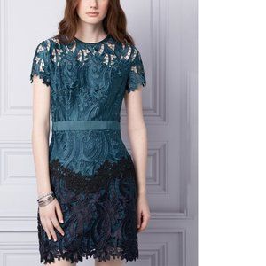 Rare Le Chateau laser cut crochet floral lace embroidery emerald teal blue dress